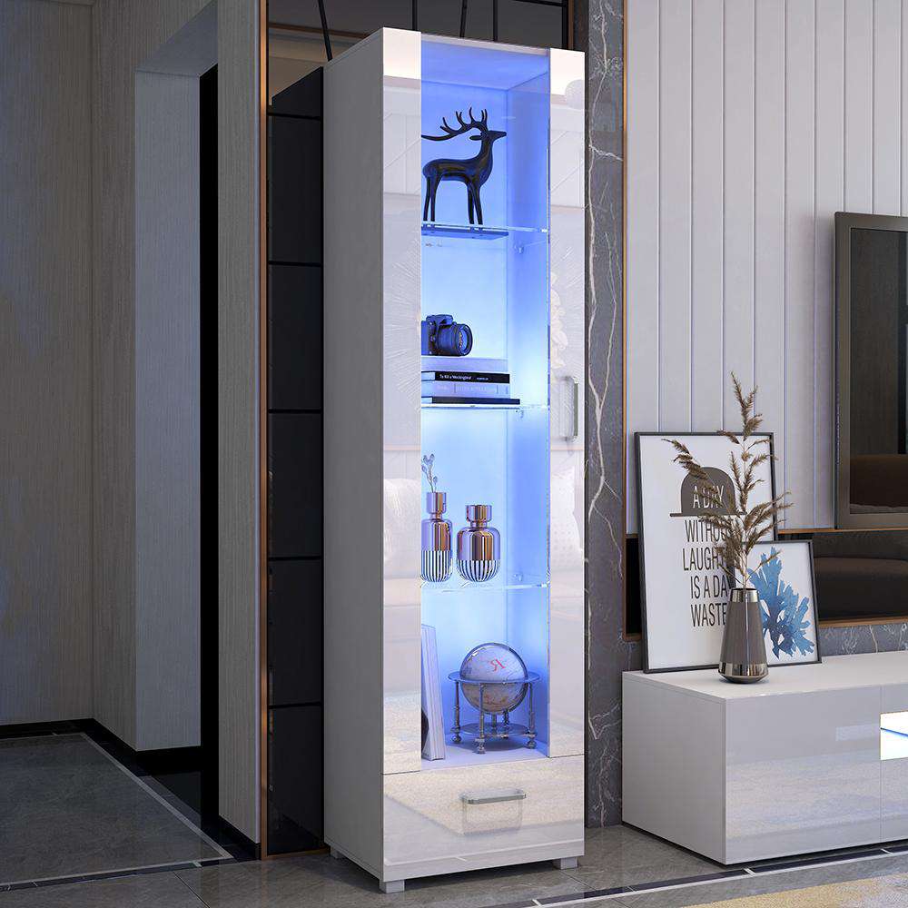 190cm Tall Display Cabinet High Gloss Front White Glass Shelves - Fit You