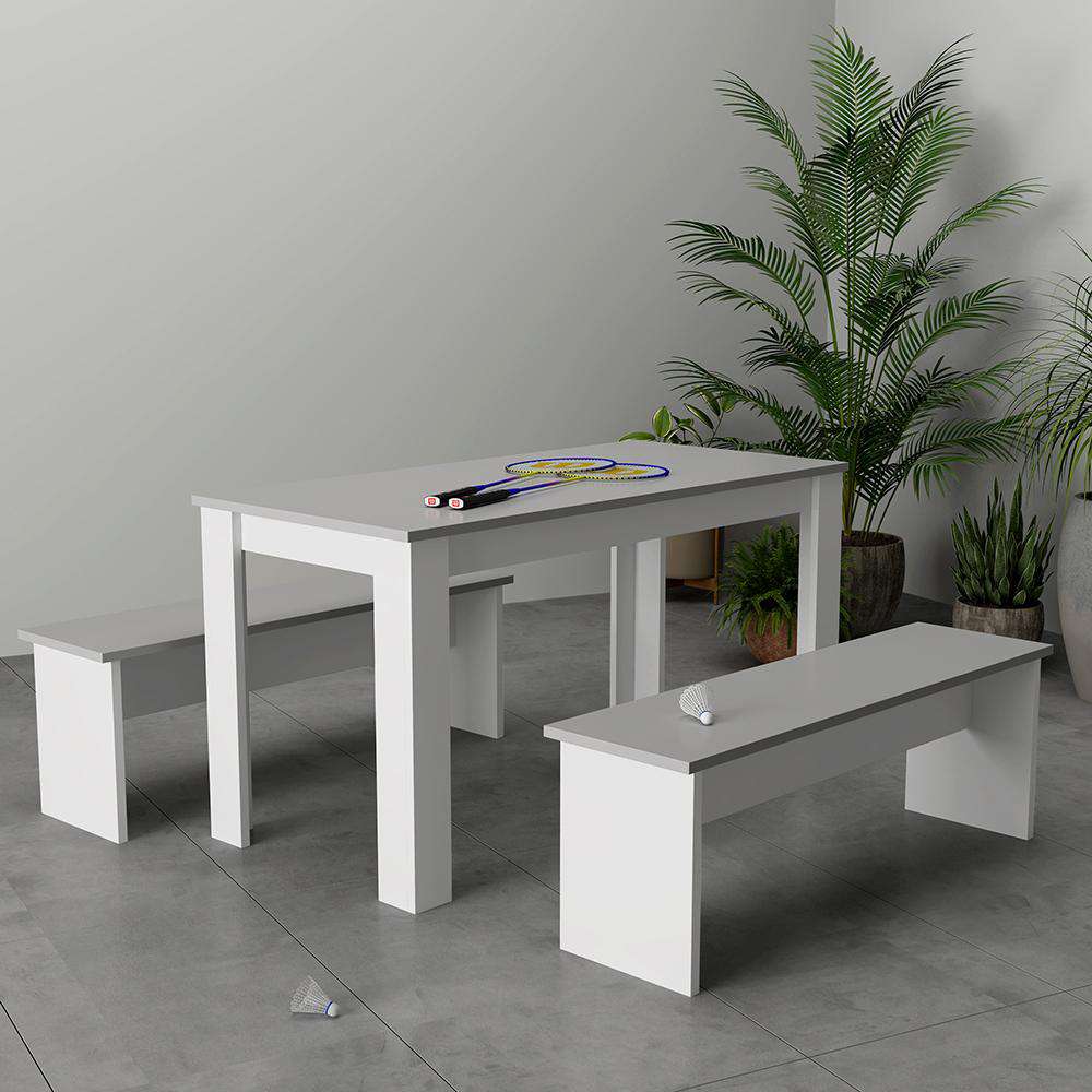 Fityou® Solid Wood Pine Dining Table with 2 Benches White Grey - Fit You