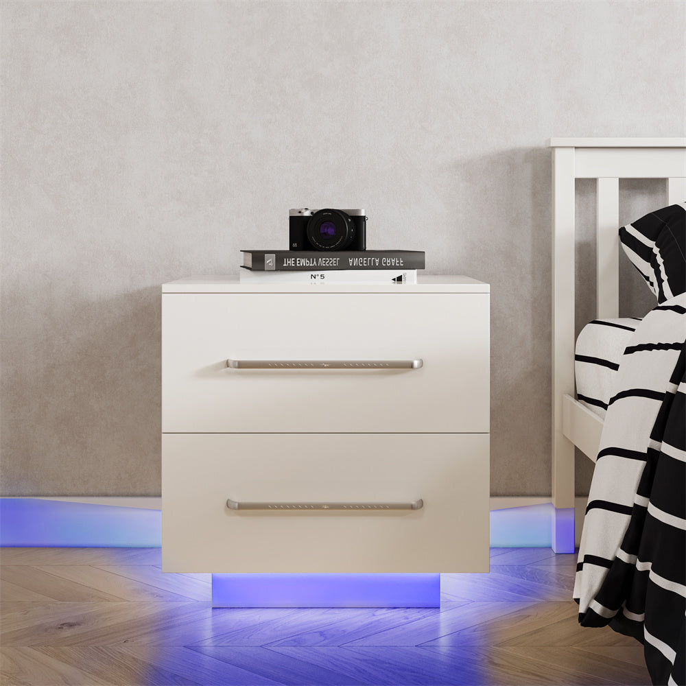 Lacquer 55cm Bedside Table inbuilt LED Night Light 2-Drawer - Fit You