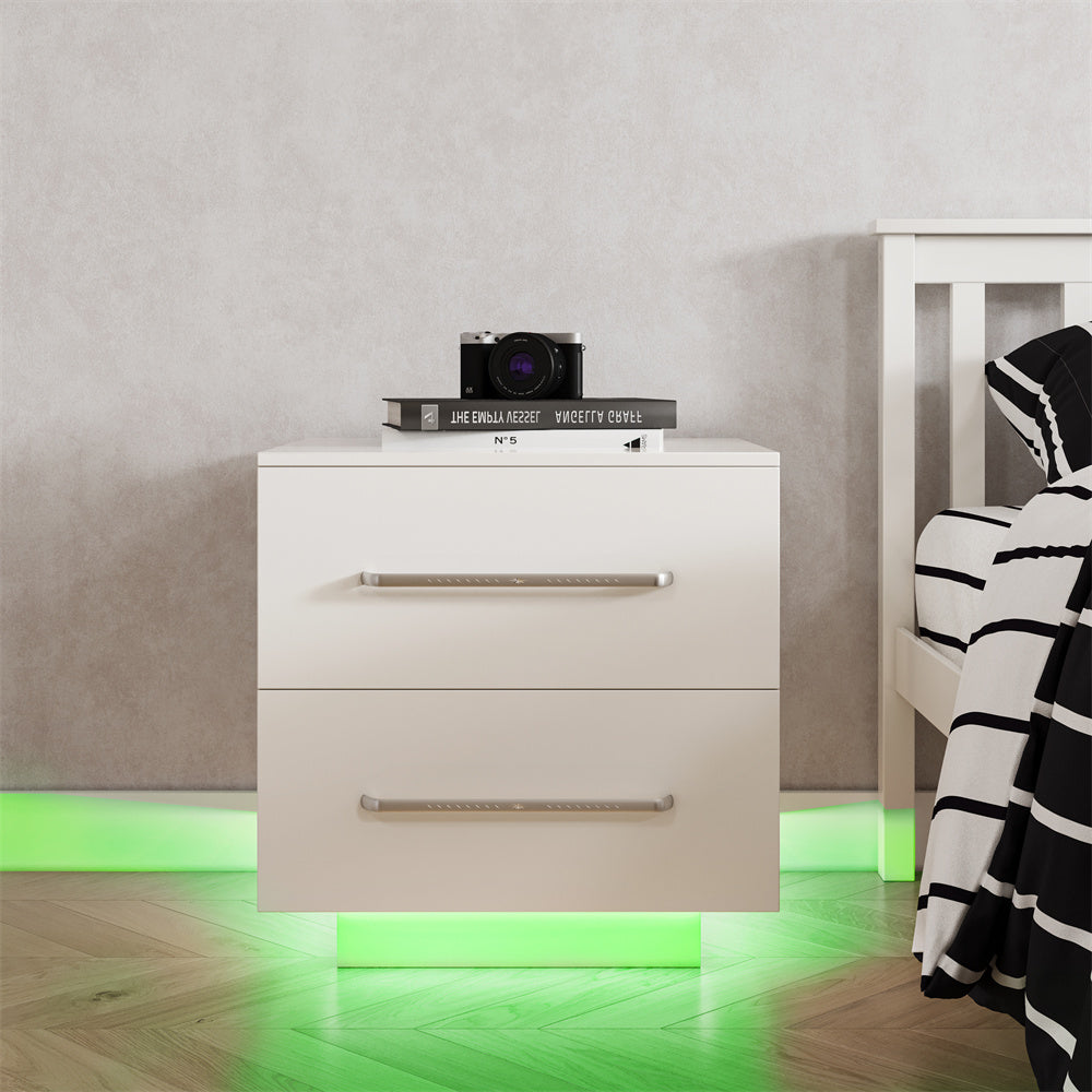 Lacquer 55cm Bedside Table inbuilt LED Night Light 2-Drawer - Fit You