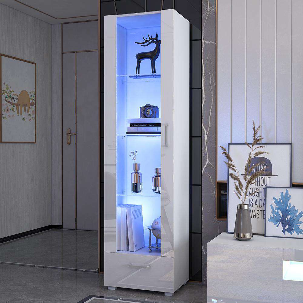 190cm Tall Display Cabinet High Gloss Front White Glass Shelves - Fit You
