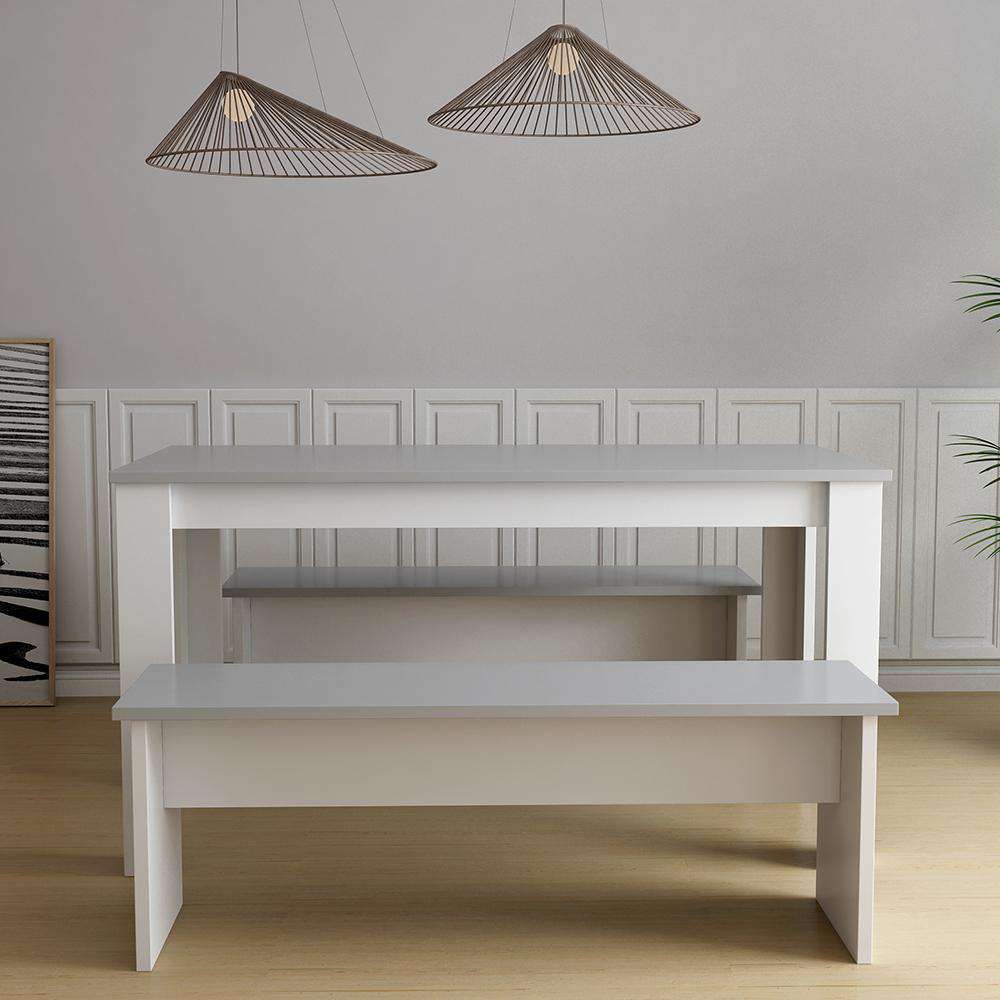 Fityou® Solid Wood Pine Dining Table with 2 Benches White Grey - Fit You
