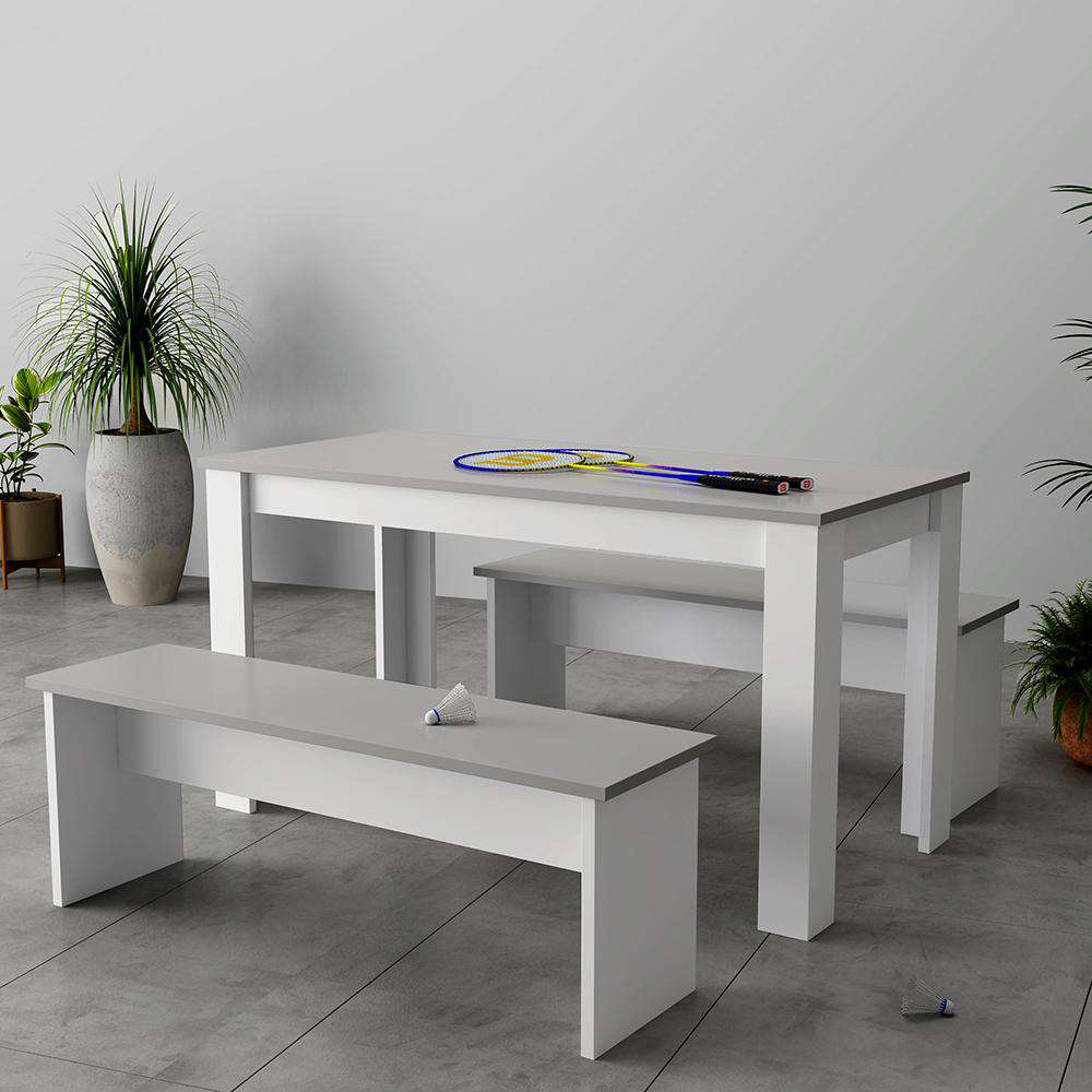 Fityou® Solid Wood Pine Dining Table with 2 Benches White Grey - Fit You