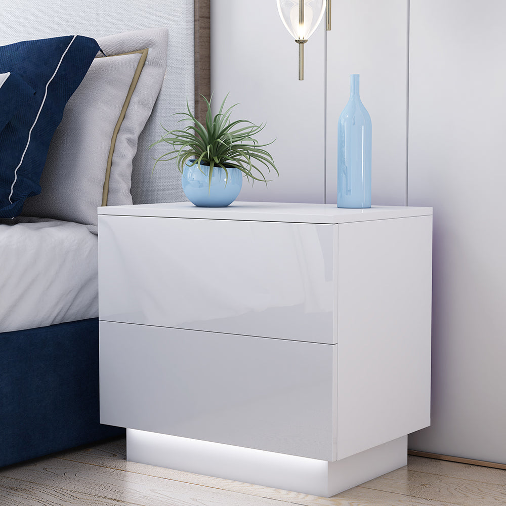 Lacquer 55cm Bedside Table inbuilt White LED Night Light 2-Drawer - Fit You