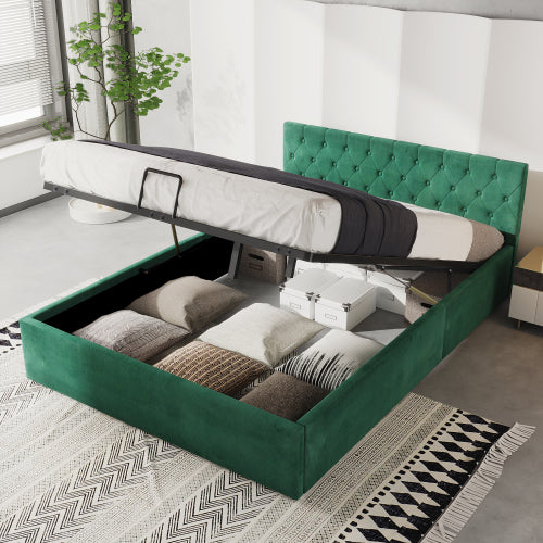 4FT6 Upholstered Double Bed Frame Ottoman with Storage Green Velvet No Mattress - Fit You