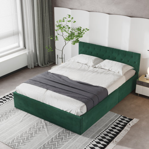 4FT6 Upholstered Double Bed Frame Ottoman with Storage Green Velvet No Mattress - Fit You