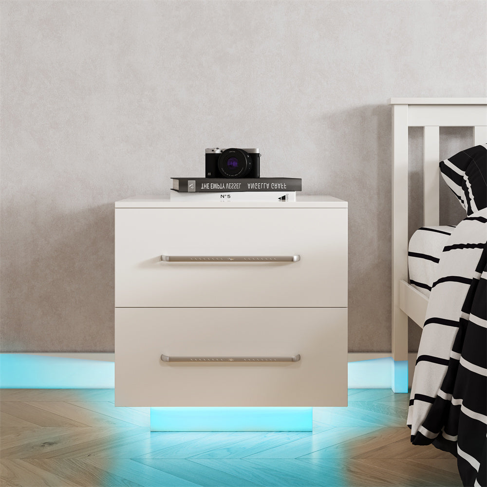 Lacquer 55cm Bedside Table inbuilt LED Night Light 2-Drawer - Fit You