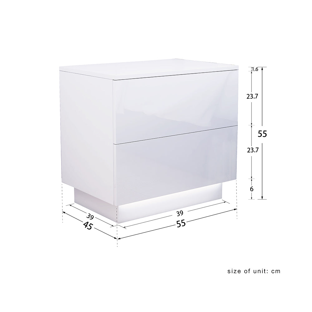 Lacquer 55cm Bedside Table inbuilt White LED Night Light 2-Drawer - Fit You