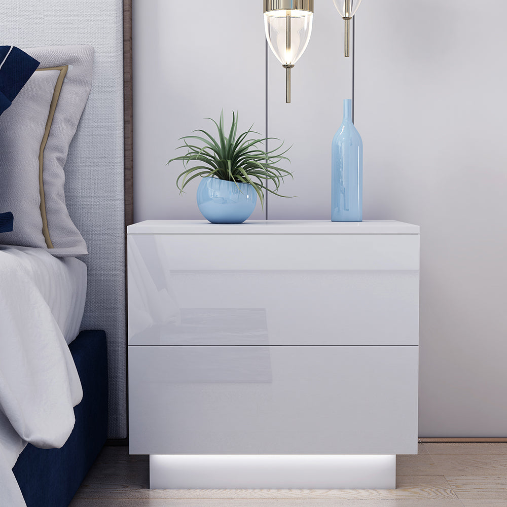 Lacquer 55cm Bedside Table inbuilt White LED Night Light 2-Drawer - Fit You