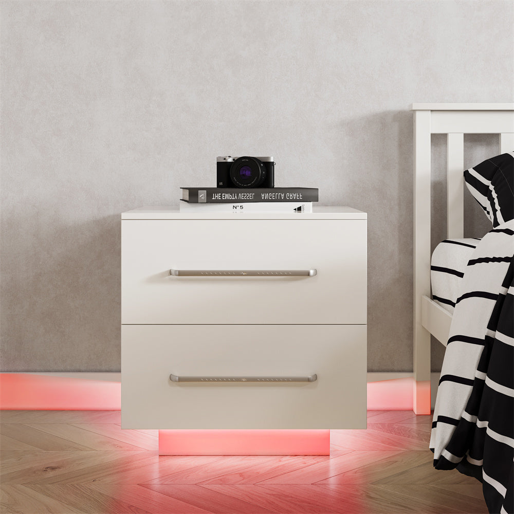 Lacquer 55cm Bedside Table inbuilt LED Night Light 2-Drawer - Fit You