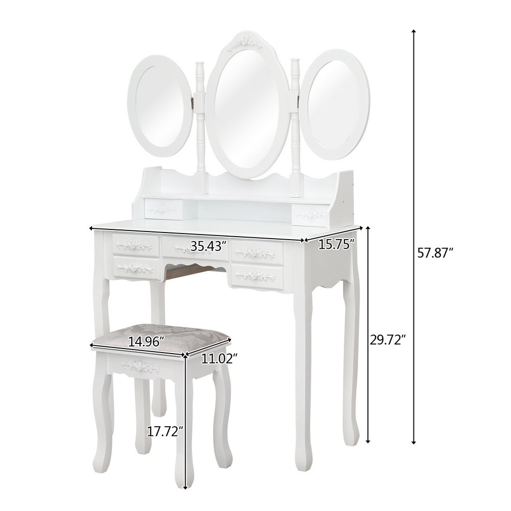 Fityou® Dressing Table Tri-Fold Mirror with 7 Drawers White - Fit You