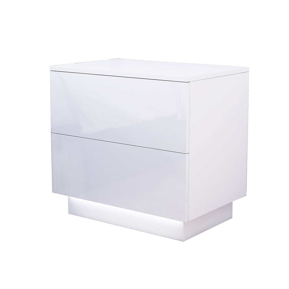 Lacquer 55cm Bedside Table inbuilt White LED Night Light 2-Drawer - Fit You