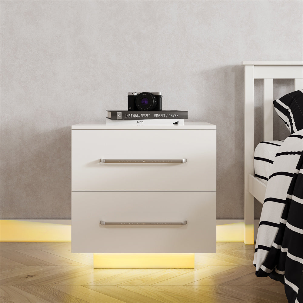 Lacquer 55cm Bedside Table inbuilt LED Night Light 2-Drawer - Fit You