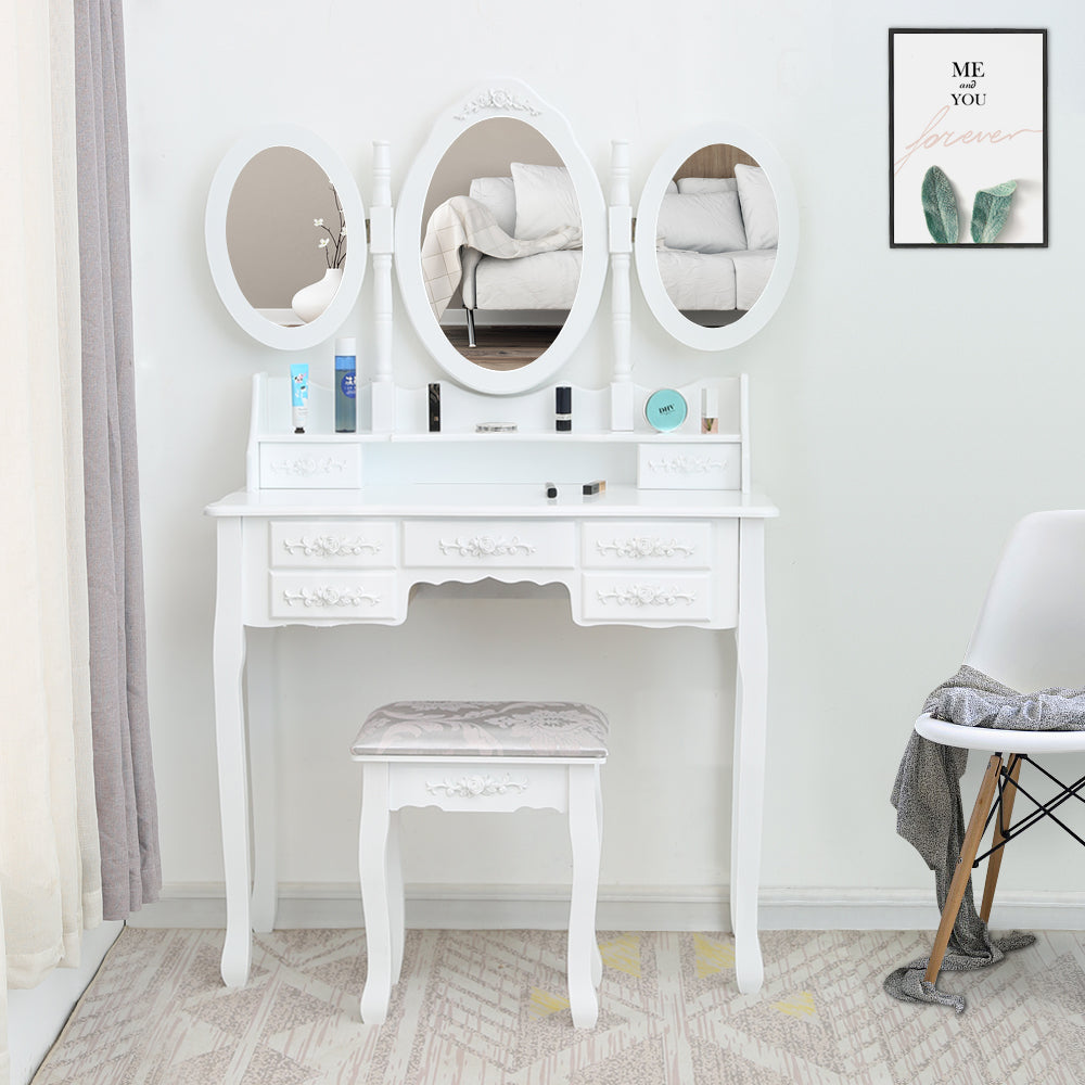 Fityou® Dressing Table Tri-Fold Mirror with 7 Drawers White - Fit You