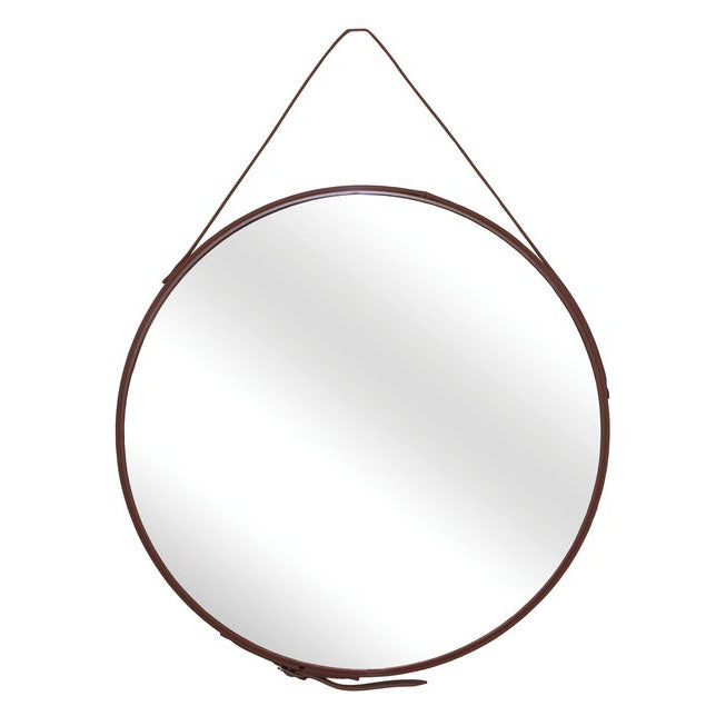 Minimalism Wall Hanging Leather Metal Frame Mirror Brown - Fit You