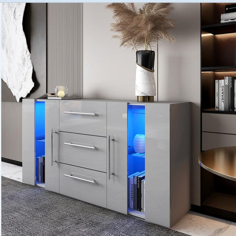 Lacquer 135cm Sideboard LED 2-Door 3-Drawer 2-Glass Shelf - Fit You