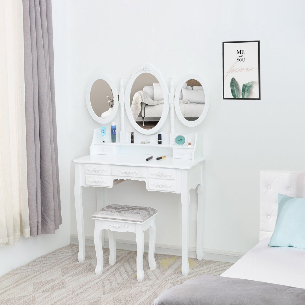 Fityou® Dressing Table Tri-Fold Mirror with 7 Drawers White - Fit You